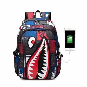 Shark Pattern Backpack, Trendy Nylon Student School Bag